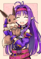Rule 34 | 1girl, ahoge, armor, blush, breastplate, closed eyes, creatures (company), crossover, detached sleeves, eevee, fingerless gloves, game freak, gen 1 pokemon, gloves, hairband, highres, holding, holding pokemon, long hair, looking at viewer, nintendo, open mouth, parted bangs, pointy ears, pokemon, pokemon (creature), purple hair, red hairband, simple background, sword art online, tail, taka mimizuku, teeth, upper teeth only, voice actor connection, yuuki (sao), yuuki aoi
