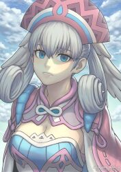 Rule 34 | 1girl, blue eyes, braid, cape, commentary, crown braid, curly hair, dress, gofelem, grey hair, hat, head wings, looking at viewer, melia antiqua, short dress, solo, wings, xenoblade chronicles (series), xenoblade chronicles 1