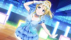 Rule 34 | 1girl, artist request, ayase eli, bare shoulders, blonde hair, blue detached collar, blue dress, blue eyes, blush, breasts, choker, cleavage, cloud, collarbone, dress, earrings, female focus, flower, flower wreath, frilled dress, frills, gloves, hair between eyes, head wreath, jewelry, long hair, looking at viewer, love live!, love live! school idol festival, love live! school idol project, lowres, night, night sky, outdoors, parted lips, ponytail, salute, short hair, sidelocks, sky, smile, solo, white detached collar, white gloves, yume no tobira