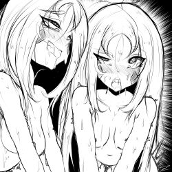 Rule 34 | 1girl, absurdres, ahegao, all fours, blush, borrowed character, breasts, clenched teeth, collarbone, completely nude, diamond (shape), drooling, facial mark, female focus, fir3born, greyscale, half-closed eye, half-closed eyes, heart, heart-shaped pupils, highres, long hair, looking up, medium breasts, messy hair, monochrome, multiple views, navel, nose blush, nude, open mouth, original, parted bangs, raised eyebrow, raised eyebrows, rolling eyes, saliva, sidelocks, sketch, straight-on, sweat, symbol-shaped pupils, teeth, trembling, uneven eyes, zoe (srgrafo)