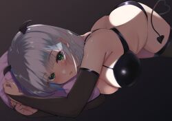 Rule 34 | 1girl, absurdres, arms up, black background, black bra, black gloves, black panties, black thighhighs, blush, bra, breasts, bridal gauntlets, commentary request, demon tail, demon wings, elbow gloves, gloves, green eyes, grey hair, head wings, heart, heart tail, highres, hololive, large breasts, lingerie, looking at viewer, lying, medium hair, melow menow, hugging object, on stomach, panties, parted lips, pillow, pillow hug, shirogane noel, simple background, solo, tail, thighhighs, underwear, underwear only, virtual youtuber, wings