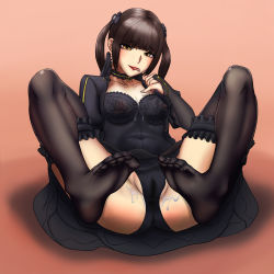 Rule 34 | 1girl, breasts, brown hair, choker, feet, hella (nanocore), highres, licking lips, long hair, looking at viewer, nanocore, no shoes, pussy, pussy juice, see-through, see-through legwear, soles, spread legs, toes, tongue, tongue out, twintails, yellow eyes