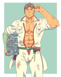 Rule 34 | 1boy, abs, bara, body markings, bulge, carrying, carrying under arm, dirty, dirty face, goggles, goggles on head, green background, highres, kajiya kurogane, looking at viewer, male focus, muscular, muscular male, navel, navel hair, open jumpsuit, outside border, pectoral cleavage, pectorals, ruizu (takakisan503), sexually suggestive, short hair, sideburns, solo, stomach, thick eyebrows, thighs, tokyo houkago summoners