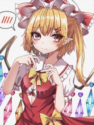 Rule 34 | 1girl, absurdres, blonde hair, blush, bra, cowboy shot, crystal wings, dress, ear piercing, flandre scarlet, frills, hair ornament, hairclip, hat, highres, kiui (dagk8254), medium hair, mob cap, open clothes, piercing, pointy ears, red dress, red eyes, ribbon, side ponytail, simple background, solo, spoken blush, touhou, underwear, white background, white bra, yellow ribbon