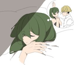 Rule 34 | 1boy, 1girl, blonde hair, closed eyes, closed mouth, commentary request, dreaming, eye contact, green hair, hetero, highres, kabedon, land (sousou no frieren), long hair, looking at another, perutore, shirt, short hair, sleeping, smile, sousou no frieren, thought bubble, ubel (sousou no frieren), white shirt