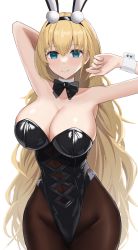 Rule 34 | 1girl, absurdres, animal ears, arm behind head, azur lane, black bow, black bowtie, black leotard, black pantyhose, blonde hair, blue eyes, bow, bowtie, breasts, cleavage, commentary request, cowboy shot, detached collar, groin, highres, large breasts, leotard, long hair, north carolina (azur lane), north carolina (the heart&#039;s desire) (azur lane), official alternate costume, pantyhose, playboy bunny, rabbit ears, rk (cc15915r), simple background, solo, strapless, strapless leotard, white background, wrist cuffs