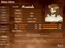 Rule 34 | 1boy, brown hair, facial hair, fake screenshot, fate/stay night, fate (series), goatee, jesus, jesus christ, male focus, parody, solo, stats, third-party edit