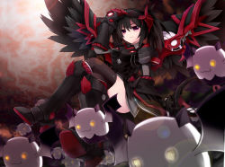 Rule 34 | 1girl, :3, aisha landar, alternate color, alternate costume, armor, armored dress, bad id, bad pixiv id, black hair, black thighhighs, boots, creature, crossed legs, dark persona, elsword, full body, icedango (dpopic3), no nose, red eyes, short hair, sitting, skirt, smile, solo, thighhighs, thighhighs under boots, twintails, wings
