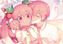 Rule 34 | 1boy, 2girls, :t, blurry, blurry background, blush stickers, kissing cheek, cherry blossoms, cherry hair ornament, commentary, dango, detached sleeves, eating, food, food-themed hair ornament, full mouth, hachune miku, hair ornament, hand on shoulder, hatsune miku, hatsune mikuo, headphones, headset, holding, holding food, kiss, leaf, leaf hair ornament, long hair, multiple girls, nail polish, necktie, open mouth, pink eyes, pink hair, pink nails, pink neckwear, pink sleeves, sakura miku, sakura mikuo, shirt, short sleeves, sinaooo, sleeveless, sleeveless shirt, solid circle eyes, twintails, upper body, very long hair, vocaloid, wagashi, white shirt