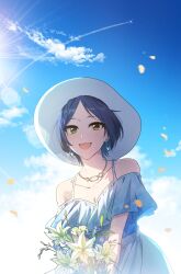 Rule 34 | 1girl, blue hair, blue sky, blush, bouquet, breasts, cleavage, collarbone, contrail, dark blue hair, dress, earrings, falling petals, flower, frilled shirt, frills, glint, hayami kanade, highres, holding, holding bouquet, idolmaster, idolmaster cinderella girls, jewelry, lens flare, lily (flower), looking at viewer, medium breasts, off-shoulder shirt, off shoulder, outdoors, parted bangs, petals, ron (bumarider), shirt, sky, solo, sunlight, white dress, white headwear