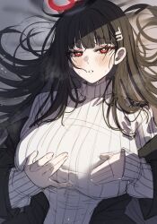 Rule 34 | 1girl, absurdres, bed sheet, black hair, blue archive, blush, breasts, hair ornament, hairpin, halo, highres, large breasts, long hair, long sleeves, looking at viewer, nompang, open mouth, red eyes, ribbed sweater, rio (blue archive), solo, sweater, upper body, white sweater