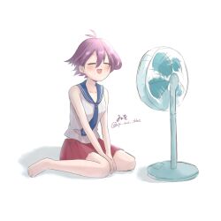 Rule 34 | 1girl, antenna hair, artist name, barefoot, black necktie, black sailor collar, closed eyes, electric fan, highres, kantai collection, necktie, one-hour drawing challenge, pleated skirt, purple hair, red skirt, sailor collar, sakawa (kancolle), shirt, short hair, simple background, sitting, skirt, sleeveless, sleeveless shirt, solo, twitter username, wariza, white background, wiwo