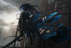 Rule 34 | 1girl, black hair, black jacket, black rock shooter, black rock shooter (character), black rock shooter (inexhaustible), blue eyes, blue fire, fire, flaming eye, gloves, highres, jacket, long hair, solo, source request, standing, sword, twintails, weapon