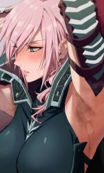 Rule 34 | 1girl, armor, armpit focus, armpit stubble, armpits, arms up, blue eyes, blush, breasts, close-up, commentary request, curly hair, ear blush, embarrassed, eyelashes, eyes visible through hair, final fantasy, final fantasy xiii, hair over one eye, highres, ishii takamori, large breasts, lightning farron, lightning returns: final fantasy xiii, long hair, looking away, looking to the side, medium breasts, open mouth, parted lips, pink hair, sidelocks, solo, square enix, steam, steaming body, sweat, upper body