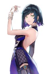 Rule 34 | 1girl, armpits, bare arms, bare shoulders, black thighhighs, blue dress, blue hair, bob cut, breasts, dress, earrings, fingerless gloves, fishnet thighhighs, fishnets, genshin impact, gloves, green eyes, hair ornament, half-closed eyes, hand up, highres, jewelry, parted lips, short hair, simple background, sleeveless, sleeveless dress, thighhighs, vido sprout, vision (genshin impact), white background, white gloves, yelan (genshin impact)