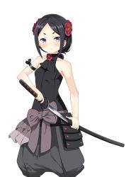 Rule 34 | 1girl, absurdres, bare shoulders, black hair, blue eyes, blush, breasts, closed mouth, collarbone, flower, hair flower, hair ornament, highres, holding, holding sword, holding weapon, katana, kiniro tofu, looking at viewer, princess principal, shiny skin, simple background, small breasts, solo, sword, toudou chise, weapon, white background