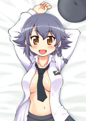 Rule 34 | 10s, 1girl, bed, between breasts, black hair, blush, braid, breasts, girls und panzer, large breasts, looking at viewer, lying, navel, necktie, necktie between breasts, no bra, on back, open clothes, open mouth, open shirt, pepperoni (girls und panzer), smile, solo, yellow eyes, yuuki akira
