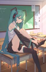 Rule 34 | 1girl, absurdres, ahoge, artist request, black footwear, black skirt, black sleeves, blue eyes, blue hair, blue necktie, boots, breasts, classroom, collared shirt, desk, detached sleeves, floating hair, full body, grey shirt, hair between eyes, hatsune miku, headphones, headset, highres, leg up, long hair, long sleeves, microphone, miniskirt, necktie, on desk, open mouth, outstretched arms, pleated skirt, shirt, simple background, sitting, on desk, skirt, sleeveless, sleeveless shirt, small breasts, solo, thighhighs, twintails, very long hair, vocaloid, white background, wing collar, zettai ryouiki