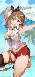 Rule 34 | 1girl, absurdres, armpits, atelier (series), atelier ryza, atelier ryza 2, blush, bra visible through clothes, breasts, brown eyes, brown hair, cleavage, hair ornament, hairclip, hat, highres, jewelry, large breasts, looking at viewer, navel, official art, open mouth, outdoors, red shorts, reisalin stout, second-party source, short hair, short shorts, shorts, smile, solo, sweat, thick thighs, thighhighs, thighs, toridamono, white hat, wide hips