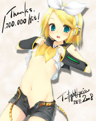 Rule 34 | 1girl, belt, blonde hair, blue eyes, bow, breasts, clothes lift, kagamine rin, lifting own clothes, luna lia, milestone celebration, navel, no bra, no panties, open belt, open fly, shirt lift, short hair, short shorts, shorts, signature, small breasts, solo, unbuckled, unbuttoned, underboob, undressing, unzipped, vocaloid