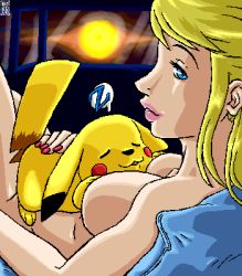 Rule 34 | 1girl, blonde hair, blue eyes, couple, creatures (company), game freak, gen 1 pokemon, lips, lowres, metroid, nintendo, nude, pikachu, pokemon, pokemon (creature), samus aran, sleeping, super smash bros.