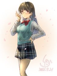 Rule 34 | 1girl, adjusting eyewear, alternate costume, black hair, black skirt, bow, bowtie, choukai (kancolle), commentary request, cowboy shot, dress shirt, glasses, green sweater, grey pantyhose, hand on own hip, highres, kantai collection, ld (luna dial398), long hair, looking at viewer, one-hour drawing challenge, pantyhose, plaid, plaid skirt, pleated skirt, red bow, red bowtie, red eyes, school uniform, shirt, skirt, solo, standing, sweater, sweater vest, white shirt