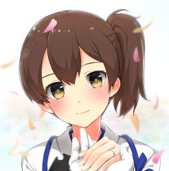 Rule 34 | 10s, 1girl, admiral (kancolle), blush, brown hair, gloves, holding hands, head tilt, japanese clothes, jewelry, kaga (kancolle), kantai collection, looking at viewer, max melon, muneate, petals, pov, ring, side ponytail, smile, solo focus, tasuki, wedding band, white gloves