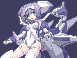 Rule 34 | 1girl, :d, aqua eyes, aqua pupils, blush, breasts, covered navel, elbow gloves, exelica, forehead protector, gloves, hair between eyes, hair intakes, leotard, light purple hair, looking at viewer, mecha musume, open mouth, purple background, shinjou satomi, short hair, simple background, small breasts, smile, solo, trigger heart exelica, white gloves, white leotard