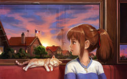 Rule 34 | 1girl, absurdres, bench, blue shirt, blush, brown eyes, brown hair, bush, cat, chimney, closed mouth, cloud, cloudy sky, curtains, elvafirst, french flag, hair between eyes, hair ribbon, highres, house, huge filesize, italy, jewelry, looking outside, necklace, ogino chihiro, red ribbon, ribbon, sen to chihiro no kamikakushi, shirt, short hair, short ponytail, sidelocks, sitting, sky, sleeping, solo, striped clothes, striped shirt, sunset, t-shirt, train, tree, upper body, utility pole, white shirt, window