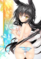 Rule 34 | 1girl, animal ears, ass, back, black hair, blush, breasts, butt crack, cameltoe, char, covering breasts, covering privates, from behind, gradient background, highres, long hair, looking at viewer, looking back, necro-san, original, panties, parted lips, see-through, shiny skin, skindentation, small breasts, solo, striped clothes, striped panties, thigh gap, topless, underwear, yellow eyes
