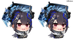 Rule 34 | 1girl, asymmetrical horns, black hair, black kimono, blue hair, blue umbrella, blush, chibi, colored inner hair, crystal horns, demon horns, hair ornament, hanetsuki, highres, hololive, hololive english, horn flower, horns, japanese clothes, kimono, looking at viewer, mole, mole under eye, multicolored hair, nerissa ravencroft, nerissa ravencroft (new year), official alternate costume, official alternate hairstyle, red eyes, rokusketch, solo, umbrella, uneven horns, virtual youtuber