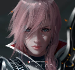 Rule 34 | 1girl, armor, artist name, blue eyes, blurry, close-up, closed mouth, depth of field, final fantasy, final fantasy xiii, hair between eyes, highres, lightning farron, long hair, looking at viewer, making-of available, patreon logo, patreon username, pink hair, pink lips, portrait, solo, sparks, wlop