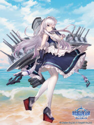 1girl anchor apron azur_lane beach belfast_(azur_lane) blue_sky breasts cloud commentary_request day dress frilled_apron frills full_body grey_hair hair_ribbon highres large_breasts logo long_hair looking_at_viewer maid maid_headdress myuu1995 ocean official_art outdoors ribbon rigging sidelocks sky sleeveless smile solo thighhighs very_long_hair water white_apron white_hair white_thighhighs