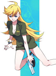 Rule 34 | 10s, 1girl, ahoge, back lace, blonde hair, blue eyes, breasts, cleavage, female focus, gun, jumpsuit, kneeling, long hair, lowres, open clothes, open shirt, panty &amp; stocking with garterbelt, panty (psg), shirt, smile, solo, suguru (godai fifth), watch, weapon, white background