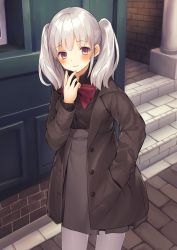 Rule 34 | 1girl, bad id, bad perspective, bad pixiv id, black coat, black skirt, blush, bow, brown shirt, coat, collared shirt, cowboy shot, day, door, grey pantyhose, hand in pocket, hand to own mouth, hand up, looking at viewer, original, outdoors, pantyhose, purple eyes, red bow, shirt, short twintails, skirt, smile, solo, stairs, standing, twintails, usagino suzu, white hair