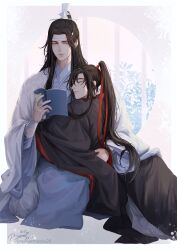 Rule 34 | 2boys, bishounen, black hair, black robe, blush, book, border, brown eyes, chinese clothes, closed eyes, closed mouth, commentary, english commentary, grey background, hair between eyes, hair ribbon, hand up, hanfu, headband, high ponytail, highres, holding, holding book, hug, lan wangji, long hair, long sleeves, looking at another, male focus, modao zushi, multiple boys, open book, outside border, parted bangs, ponytail, raineemeow, red ribbon, ribbon, robe, round window, sidelocks, sideways glance, signature, simple background, sitting, smile, sparkle, twitter username, wei wuxian, white border, white headband, white robe, wide sleeves, window, xiao guan (headdress)