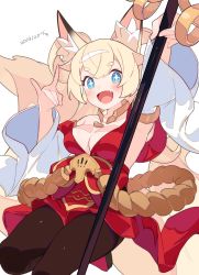 Rule 34 | + +, 1girl, animal ears, armpits, bare shoulders, black pantyhose, blonde hair, blue eyes, breasts, choker, dated, detached sleeves, fang, fox shadow puppet, hair between eyes, hair rings, inaho (world flipper), looking at viewer, medium breasts, open mouth, pantyhose, red robe, robe, short eyebrows, simple background, smile, solo, staff, thick eyebrows, white background, world flipper, yuuhi homare