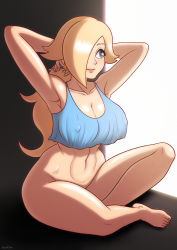 Rule 34 | 1girl, absurdres, alternate hairstyle, armpits, arms behind head, beg4cake, blonde hair, blue eyes, bottomless, breasts, cleavage, covered erect nipples, feet, hair over one eye, highres, large breasts, lipstick, long hair, low ponytail, makeup, mario (series), navel, nintendo, princess, rosalina, sitting, smile, solo, super mario galaxy, tank top, thick thighs, thighs, toned