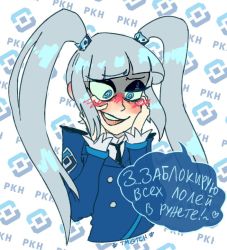 Rule 34 | 1girl, @ @, blue eyes, blunt bangs, blush, eyeshadow, formal, hair ornament, jacket, long hair, makeup, necktie, open mouth, rkn-chan, russia, russian text, shirt, simple background, sketch, smile, solo, speech bubble, suit, translated, twintails, uniform, upper body, white hair, white shirt, yandere