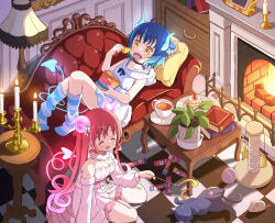 Rule 34 | 2girls, bag, ball, blue hair, book, bow, breasts, cake, candelabra, candle, candlestand, cat, cat teaser, chips (food), choker, cleavage, closed eyes, collarbone, commentary request, couch, cup, cushion, demon horns, demon tail, detached sleeves, dress, eating, fang, fangs, fire, fireplace, flower, food, frilled dress, frills, from above, fur-trimmed hood, fur-trimmed sleeves, fur trim, glowing tail, gochuumon wa usagi desu ka?, gradient hair, hair flower, hair ornament, highres, holding, hood, hooded dress, horns, indoors, jouga maya, long hair, loose socks, loungewear, lying, mohei, multicolored hair, multiple girls, natsu megumi, open mouth, picture frame, plant, plate, potato chips, potted plant, red hair, saucer, scratching post, short hair, sidelocks, sitting, skin fang, sleeveless, sleeveless dress, small breasts, socks, solid oval eyes, strawberry shortcake, striped clothes, striped socks, table, tail, tea, teacup, toy mouse, white bow, white dress, white sleeves, wood, yellow eyes