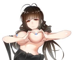 Rule 34 | 1girl, ahoge, breasts, brown eyes, brown hair, censored, censored nipples, unworn clothes, commentary, commentary request, dsr-50 (girls&#039; frontline), dsr-50 (highest bid) (girls&#039; frontline), eyebrows, girls&#039; frontline, heart-shaped boob challenge, large breasts, long hair, simple background, smile, solo, yusan
