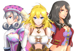 Rule 34 | 3girls, blue eyes, breasts, cape, cleavage, closed mouth, crop top, curly hair, dress, fiora (xenoblade), gloves, grey hair, hat, head wings, long hair, long sleeves, looking at viewer, medium breasts, melia antiqua, mizss, mole, mole under mouth, multiple girls, open mouth, sharla (xenoblade), simple background, smile, white background, wings, xenoblade chronicles (series), xenoblade chronicles 1