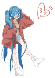 Rule 34 | 1girl, 39, 3774., alternate costume, blue eyes, blue hair, blue shorts, brown shirt, commentary, full body, hand in own hair, hand up, hatsune miku, heart, highres, jacket, long hair, looking at viewer, looking over eyewear, looking over glasses, red jacket, shirt, shoes, shorts, sideways glance, sneakers, solo, suna no wakusei (vocaloid), sunglasses, tinted eyewear, twintails, very long hair, vocaloid, walking, white background, white footwear