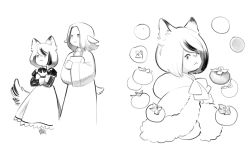 Rule 34 | 2girls, :&lt;, animal ear fluff, animal ears, animal hands, apron, bob cut, book, hugging book, capelet, cat ears, cat girl, cat tail, closed mouth, collared dress, commentary, cropped torso, crossed arms, dog ears, dog girl, dog tail, dress, english commentary, expressionless, feet out of frame, floppy ears, food, from side, fruit, fur-trimmed capelet, fur-trimmed sleeves, fur trim, furry, furry female, greyscale, holding, holding book, hood, hood down, hooded capelet, hugging object, hwei, juliet sleeves, long dress, long sleeves, looking at viewer, looking away, looking to the side, maid, maid apron, monochrome, multicolored hair, multiple girls, multiple views, no nose, original, parted bangs, persimmon, puffy sleeves, short hair, simple background, sketch, sleeve cuffs, smile, standing, streaked hair, swept bangs, tail, unfinished, upper body, white background, wide sleeves