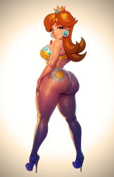 Rule 34 | 1girl, absurdres, ass, ass tattoo, blue eyes, breasts, brown hair, curvy, flower tattoo, freckles, full lips, high heels, highres, huge ass, large breasts, lingerie, lips, looking at viewer, looking back, mario (series), naughty face, nintendo, princess daisy, robaato, super mario land, tattoo, thick thighs, thighs, underwear