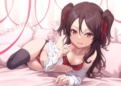 Rule 34 | 1girl, amerika juu pan, bare shoulders, bed, bed sheet, bow, bra, breasts, brown hair, food, frilled panties, frilled pillow, frills, hair between eyes, hair ribbon, heart, heart-shaped pillow, highres, holding, lingerie, long hair, long sleeves, looking at viewer, lying, macaron, navel, off shoulder, on bed, open clothes, open mouth, open shirt, original, panties, pillow, red bra, red eyes, red panties, red ribbon, resolution mismatch, ribbon, shirt, small breasts, smile, solo, source smaller, thighhighs, twintails, underwear, white shirt