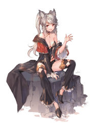 Rule 34 | 1girl, :d, animal ears, bare shoulders, between legs, black coat, black footwear, black shorts, black thighhighs, braid, breasts, choker, cleavage, clothing cutout, coat, erune, fraux, granblue fantasy, grey hair, hand up, high heels, highres, long hair, looking at viewer, medium breasts, micro shorts, off shoulder, open clothes, open coat, open mouth, red eyes, revealing clothes, shorts, side cutout, sitting, smile, solo, swd3e2, thighhighs, thighs, twintails