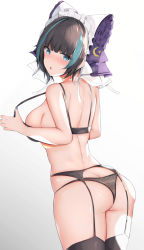 Rule 34 | 1girl, :o, animal ears, ass, azur lane, back, bare arms, bare shoulders, black bra, black hair, black panties, black thighhighs, blue eyes, blush, bra, breasts, butt crack, cat ears, cheshire (azur lane), cowboy shot, fake animal ears, from behind, garter belt, headdress, highres, houraku, large breasts, looking at viewer, multicolored hair, nose blush, panties, parted lips, see-through, short hair, simple background, skindentation, solo, standing, strap pull, streaked hair, string panties, thighhighs, underwear, underwear only, white background