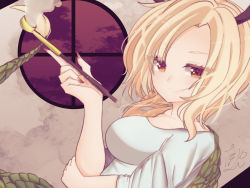 Rule 34 | 1girl, antlers, blonde hair, blouse, blue shirt, breasts, cigarette, closed mouth, cloud, cloudy sky, commentary request, dragon tail, eyes visible through hair, fingernails, hand up, highres, horns, kicchou yachie, large breasts, long fingernails, looking at viewer, multicolored eyes, nail polish, pink sky, purple eyes, purple nails, shirt, short hair, short sleeves, sitting, sky, smoking pipe, solo, tail, tasoyan, touhou, turtle shell, wall, window, yellow eyes