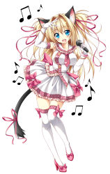 Rule 34 | 1girl, :d, animal ears, beamed quavers, blonde hair, blouse, blue eyes, bracelet, breasts, cat ears, cat tail, elbow gloves, frilled shirt, frilled skirt, frills, gloves, high heels, highres, jewelry, kamiya tomoe, large breasts, long hair, lots of jewelry, microphone, musical note, necktie, open mouth, original, quaver, ribbon, shirt, skirt, smile, solo, tail, tail ornament, tail ribbon, thighhighs, white thighhighs